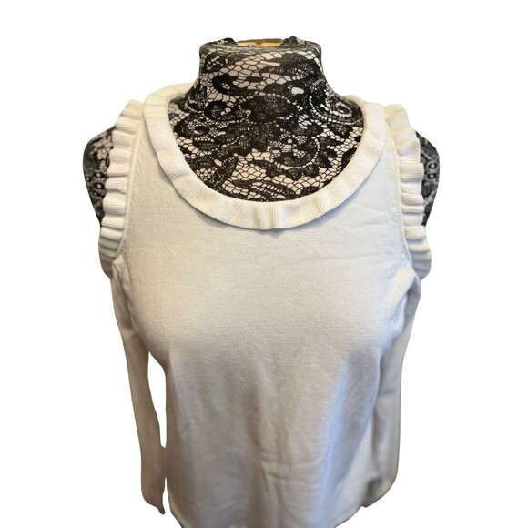 Milly White Sweater Top Knit Cold Shoulder Long Sleeve Ruffled Collar Feminine M - Picture 3 of 16